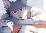  anthro beastars blue_body blue_fur blush book camera_view canid canine canis chung0_0 clothed clothing fur legoshi_(beastars) looking_at_viewer male mammal pencil_(object) recording shirt solo topwear white_clothing white_shirt white_topwear wolf 