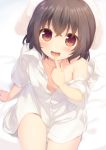  1girl :d animal_ears arm_support artist_name bangs bare_shoulders blush bottomless brown_hair bunny_ears collarbone commentary_request cowboy_shot crossed_bangs eyebrows_visible_through_hair finger_to_mouth flat_chest from_above hair_between_eyes inaba_tewi looking_at_viewer naked_shirt nnyara open_mouth red_eyes shirt short_hair short_sleeves sitting smile solo thighs touhou unbuttoned unbuttoned_shirt white_shirt 