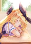  1girl bangs baram black_bow black_ribbon blonde_hair blurry blurry_background blush bow closed_eyes closed_mouth commentary_request day depth_of_field desk eyebrows_visible_through_hair hair_bow hair_ribbon highres indoors long_hair mononobe_alice multicolored_hair nijisanji purple_hair ribbon school_desk school_uniform shirt short_sleeves smile solo sweater_vest two-tone_hair upper_body virtual_youtuber white_shirt 
