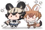  2girls african_wild_dog_(kemono_friends) african_wild_dog_print animal_ear_fluff animal_ears arm_at_side arms_at_sides bangs black_hair bodystocking bow bowtie brown_hair chibi commentary dhole_(kemono_friends) disembodied_limb dog_ears dog_girl dog_tail english_commentary extra_ears eyebrows_visible_through_hair full_body gloves grey_hair hand_up heart kelalapa kemono_friends kemono_friends_3 long_sleeves looking_to_the_side medium_hair multicolored_hair multiple_girls shirt shoes shorts skirt standing tail two-tone_hair white_hair 