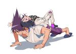  2boys back-to-back black_footwear black_hair bottle checkered checkered_scarf commentary danganronpa exercise facial_hair full_body goatee holding holding_bottle jacket long_sleeves lying male_focus medium_hair momota_kaito multicolored_hair multiple_boys new_danganronpa_v3 on_(onon2659) on_back on_person open_mouth ouma_kokichi pants pink_eyes pink_footwear pink_hair pink_pants purple_eyes purple_hair push-ups scarf shirt shoes short_sleeves simple_background spiked_hair straitjacket sweatdrop two-tone_hair white_jacket white_pants white_shirt yaoi 