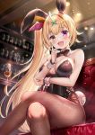  1girl :d akabane_(zebrasmise) alcohol animal_ears bare_shoulders blonde_hair bow bowtie breasts bunny_ears cleavage commentary_request couch crossed_legs cup drinking_glass eyebrows_visible_through_hair fake_animal_ears fishnet_legwear fishnets hair_between_eyes hair_ornament hair_ribbon hairclip heterochromia highres hoshikawa_sara large_breasts long_hair looking_at_viewer nijisanji open_mouth orange_eyes pantyhose pink_eyes playboy_bunny ribbon side_ponytail sitting smile solo very_long_hair virtual_youtuber wine_glass 