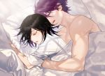  2boys bangs bed bed_sheet black_hair closed_eyes commentary danganronpa facial_hair from_side goatee lower_teeth lying male_focus momota_kaito multicolored_hair multiple_boys new_danganronpa_v3 on_(onon2659) on_bed on_side open_mouth ouma_kokichi pillow purple_hair shirt shirtless short_hair short_sleeves sleeping spooning two-tone_hair upper_body upper_teeth white_shirt yaoi 