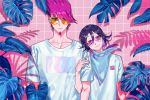  2boys bangs black_hair closed_mouth collarbone commentary danganronpa facial_hair glasses goatee hair_between_eyes heart heart-shaped_eyewear looking_at_viewer male_focus momota_kaito multicolored_hair multiple_boys new_danganronpa_v3 on_(onon2659) ouma_kokichi pink_background pink_hair purple_eyes purple_hair round_eyewear scarf shirt short_hair short_sleeves smile two-tone_hair upper_body white_shirt 