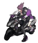  2boys alternate_costume black_hair black_jacket black_shorts commentary danganronpa grey_background ground_vehicle hair_between_eyes hood hooded_jacket hug hug_from_behind jacket long_sleeves looking_at_viewer male_focus medium_hair momota_kaito motor_vehicle motorcycle multiple_boys new_danganronpa_v3 on_(onon2659) ouma_kokichi pants pink_hair purple_eyes purple_hair purple_jacket rocket_print shoes shorts simple_background smile sneakers spiked_hair white_shorts 