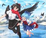  2girls barefoot black_hair black_legwear black_skirt black_wings blue_bow blue_dress blue_eyes blue_hair blush bow cirno closed_eyes commentary_request day detached_wings dress feathered_wings feathers hair_bow ice ice_wings multiple_girls open_mouth outdoors pleated_skirt pointy_ears red_headwear red_scarf roke_(taikodon) scarf scarf_pull shameimaru_aya shirt shoes short_hair short_sleeves skirt smile snow thighhighs touhou white_shirt wings 