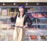  1boy apron beads blue_hair closed_mouth cu_chulainn_(fate)_(all) earrings fate/stay_night fate_(series) fish flag grin hair_beads hair_ornament hand_on_hip holding holding_flag hood hoodie jewelry lancer long_hair male_focus ponytail red_eyes smile solo spiked_hair suikatabetaifrom type-moon 