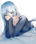  1girl abyssal_ship ass blush breasts fingernails grey_pants grey_sweater hair_between_eyes kantai_collection long_hair long_sleeves looking_at_viewer lying medium_breasts on_bed on_stomach pale_skin pants sidelocks solo straight_hair sweater ta-class_battleship walzrj yellow_eyes 