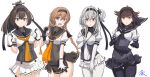  4girls absurdres ahoge akizuki_(kantai_collection) black_bodysuit black_hair black_headband black_sailor_collar black_skirt blue_eyes bodysuit braid breasts brown_eyes brown_hair commentary_request corset grey_eyes grey_jacket hachimaki hair_flaps hair_ornament hatsuzuki_(kantai_collection) headband highres jacket jacket_on_shoulders kantai_collection light_brown_hair long_hair looking_at_viewer machinery medium_breasts multiple_girls neckerchief one_side_up pleated_skirt ponytail propeller_hair_ornament sailor_collar school_uniform serafuku short_hair silver_hair skirt suzutsuki_(kantai_collection) t2r teruzuki_(kantai_collection) twin_braids white_bodysuit white_skirt yellow_neckwear 