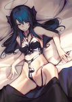  1girl arknights bare_arms bare_shoulders bed_sheet blanket blue_eyes blue_hair breasts closed_mouth demon_horns demon_tail halo harness highres horns key leg_up long_hair looking_at_viewer lying medium_breasts mostima_(arknights) mouth_hold navel o-ring on_back on_bed partially_visible_vulva pillow solo tail veilrain very_long_hair 