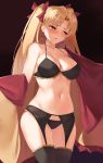  1girl :o absurdres bangs black_bra black_legwear black_panties blonde_hair bra breasts cape cleavage collarbone commentary_request cowboy_shot earrings ereshkigal_(fate/grand_order) eyebrows_visible_through_hair fate/grand_order fate_(series) frilled_bra frills garter_belt hair_ribbon highres jewelry large_breasts long_hair looking_away looking_to_the_side navel off_shoulder open_mouth panties parted_bangs red_cape red_eyes red_ribbon ribbon single_bare_shoulder solo stomach thighhighs two_side_up underwear undressing very_long_hair viral1112 