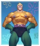  1boy abs black_eyes blonde_hair bodysuit english_commentary from_below gloves green_gloves hands_on_hips highres jeremy_anninos looking_up mermaid_man muscle pectorals skin_tight smile solo spongebob_squarepants superhero underwater v-shaped_eyebrows younger 
