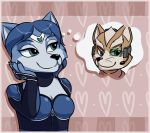  &lt;3 anthro blue_body blue_fur blue_hair bodysuit breasts brown_body brown_fur canid canine clothing fantasizing female fox fox_mccloud fur green_eyes hair hi_res krystal male mammal missmccloud nintendo skinsuit smile solo star_fox thought_bubble tight_clothing video_games whiskers 