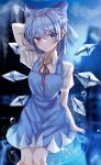  1girl arm_behind_head blue_bow blue_dress blue_eyes blue_hair blurry blurry_background blush bow breasts cirno closed_mouth collared_shirt depth_of_field dress droplets eyebrows_visible_through_hair feet_out_of_frame hair_between_eyes hair_bow highres ice ice_wings kitty knees_together looking_to_the_side medium_breasts mountain neck_ribbon puffy_short_sleeves puffy_sleeves red_neckwear red_ribbon reflection ribbon shirt short_hair short_sleeves sky solo standing touhou tree water white_shirt wings 