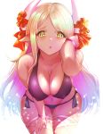  1girl :o arm_up bangle bangs bare_arms bare_shoulders bikini black_bikini blonde_hair bracelet breasts cleavage commentary_request covered_nipples cowboy_shot dark_skin dark_skinned_female draph eyebrows_visible_through_hair flower gradient_hair granblue_fantasy hair_tucking halter_top halterneck hand_on_own_thigh horn_flower horn_ornament horn_ribbon horns jewelry kuvira_(granblue_fantasy) large_breasts leaning_forward leg_ribbon light_particles long_hair looking_at_viewer makumaxu multicolored_hair parted_bangs parted_lips pink_hair pointy_ears red_flower red_ribbon ribbon shiny shiny_hair side-tie_bikini simple_background solo standing swimsuit thigh_gap very_long_hair white_background white_ribbon yellow_eyes 
