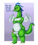  &lt;3 absurd_res anthro balls belly chubby_anthro chubby_male claws crossed_arms dialogue dragon dragon_tales english_text exelzior exelzior-maximus feathered_wings feathers genitals glistening glistening_body green_body hi_res implied_incest male nude penis purple_eyes scalie seductive seductive_eyes seductive_look simple_background slightly_chubby solo standing text wings zak_(dragon_tales) 