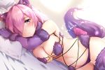  1264222972 1girl absurdres animal_ears artist_name bed bow breasts dangerous_beast elbow_gloves fate/grand_order fate_(series) fur_trim gloves hair_over_one_eye highres large_breasts looking_at_viewer lying mash_kyrielight medium_hair navel o-ring o-ring_top on_bed on_side pink_bow purple_eyes purple_hair revealing_clothes skindentation solo tail thighhighs wolf_ears wolf_tail 
