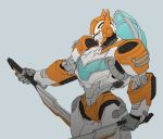  1boy autobot blades_(transformers) dual_wielding english_commentary grey_background holding holding_sword holding_weapon looking_down mecha no_humans orange_eyes pollo_(pollo_pom) science_fiction solo sword transformers transformers:_rescue_bots weapon 