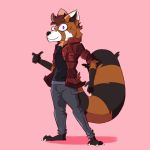  1:1 ailurid brown_hair fingerguns flannel flannel_shirt hair hi_res male mammal orion_(oriontheredpanda) pose purple_eyes red_panda simple_background solo videos_or_whatever 