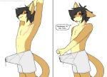  anthro bodily_fluids boxers_(clothing) bulge clothing dialogue felid genital_fluids hi_res male mammal munks_(character) precum precum_through_clothing scar solo speech_bubble stretching tenting tired tired_eyes underwear wet wet_clothing youwannaslap 