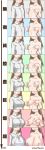  1girl arms_at_sides arrow_(symbol) blouse breast_lift breasts breasts_apart brown_hair bust_chart button_gap cleavage clenched_teeth closed_mouth collarbone collared_shirt commentary_request covering covering_breasts covering_nipples disconnected_mouth expressionless facing_viewer flat_chest frown hands_up head_out_of_frame highres huge_breasts infinity large_breasts light_smile long_hair long_sleeves medium_breasts multiple_views nude open_clothes open_shirt original parted_lips pawoo_username pink_ribbon ribbon shirt side-by-side small_breasts smile straight_hair tatsumi_ray taut_clothes taut_shirt teeth translation_request twitter_username upper_body wavy_mouth white_blouse white_shirt 