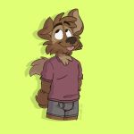  1:1 anthro blep blue_clothing blue_underwear boxer_briefs brown_body brown_fur bulge canid canine canis clothing domestic_dog eyes_looking_up fur hands_behind_back hi_res male mammal matt_riskely red_clothing red_shirt red_topwear shirt simple_background solo t-shirt tinydeerguy tongue tongue_out tongue_showing topwear underwear yellow_background 