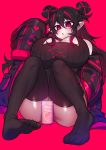  1girl :o absurdres ass black_coat black_dress black_hair black_legwear blush breasts can censored cleavage coat curvy dress elizabeth_von_mountbatten_(osiimi) highres huge_breasts long_hair looking_down multicolored_hair no_panties original osiimi pink_background pink_eyes ribbed_dress simple_background sitting soda_can thighhighs thighs vampire 