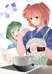  2girls apron book bottle contemporary cooking floral_print fumikiri_(dake_no_hito) green_hair highres holding holding_bottle holding_plate ingredients japanese_clothes kimono multiple_girls onozuka_komachi plate pot red_hair shiki_eiki stew touhou twintails worried yukata 