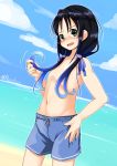  1girl beach black_hair blue_hair blue_shorts blue_sky cloud commentary_request day dutch_angle flat_chest gradient_hair green_eyes hair_over_breasts hair_ribbon highres horizon kantai_collection long_hair low_twintails male_swimwear male_swimwear_challenge multicolored_hair nassukun ocean outdoors ribbon shorts sky solo suzukaze_(kantai_collection) swim_trunks swimwear twintails 
