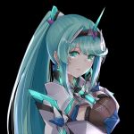  1girl bangs black_background breasts chest_jewel earrings green_eyes green_hair highres jewelry large_breasts long_hair long_ponytail looking_at_viewer pneuma_(xenoblade) ponytail sarasadou_dan sidelocks simple_background solo swept_bangs tiara upper_body very_long_hair xenoblade_chronicles_(series) xenoblade_chronicles_2 