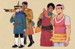  2boys :d apron arm_across_waist arms_at_sides belt_pouch black_eyes black_footwear black_hair black_pants blue_jacket boots brown_coat buzz_cut coat dark_skin dark_skinned_male facial_hair fan folding_fan golden_kamuy gun highres holding holding_fan imperial_japanese_army jacket koito_otonoshin male_focus mentality013 motion_blur multiple_boys multiple_views open_mouth pants pink_headband pink_shirt pouch rifle shirt short_hair skirt smile standing stubble sword thick_eyebrows tsukishima_hajime very_short_hair weapon yellow_shirt yellow_skirt 