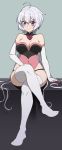  1girl ahoge bare_shoulders black_panties blush breasts cleavage closed_mouth covered_navel crossed_legs elbow_gloves eyebrows_visible_through_hair gloves grey_background large_breasts leotard long_hair looking_at_viewer panties purple_eyes senki_zesshou_symphogear shiny shiny_hair simple_background sitting solo thighhighs tsukamoto_kensuke underwear white_gloves white_hair white_legwear yukine_chris 