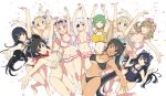  6+girls ^_^ absurdres animal_ears armpits arms_up asuka_(senran_kagura) bangs bare_shoulders bikini bikini_skirt bikini_top black_bikini black_hair black_ribbon blonde_hair blue_eyes blue_ribbon blue_stripes blush bow breasts brown_eyes brown_hair cat_ears cleavage closed_eyes closed_mouth collarbone double_v expressionless eyebrows_visible_through_hair eyepatch flat_chest frilled_bikini frills green_eyes green_hair hair_bow hair_ornament hair_ribbon hairclip haruka_(senran_kagura) hibari_(senran_kagura) highres hikage_(senran_kagura) homura_(senran_kagura) huge_breasts ikaruga_(senran_kagura) katsuragi_(senran_kagura) large_breasts long_hair looking_at_viewer maid_headdress mirai_(senran_kagura) multicolored multicolored_stripes multiple_girls navel official_art one-piece_swimsuit open_mouth outstretched_arms parted_lips petals pink_bikini pink_hair polka_dot polka_dot_bikini ponytail red_eyes red_scarf ribbon scarf school_uniform senran_kagura senran_kagura_burst shiny shiny_hair shiny_skin short_hair short_twintails shuriken simple_background smile spread_arms stomach striped striped_bikini swimsuit symbol-shaped_pupils tan tanline tied_hair twintails v very_long_hair white_background white_hair white_ribbon yaegashi_nan yagyuu_(senran_kagura) yellow_bikini yellow_eyes yomi_(senran_kagura) 