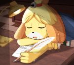  2016 4_fingers accessory animal_crossing anthro bodily_fluids canid canine canis chair clothing desk domestic_dog eyes_closed female fingers floppy_ears furniture hair_accessory hi_res isabelle_(animal_crossing) mammal nintendo open_mouth paper rilo0204 saliva sitting sleeping solo video_games 