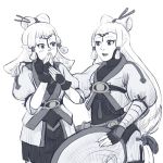  2girls bodysuit_under_clothes eye_symbol facial_mark forehead_mark grandmother_and_granddaughter hair_tubes hat highres hyrule_warriors:_age_of_calamity impa monochrome multiple_girls paya_(zelda) sheikah the_legend_of_zelda the_legend_of_zelda:_breath_of_the_wild thick_eyebrows 