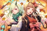  2girls autumn_leaves black_gloves blonde_hair bow chain commentary_request eyebrows_visible_through_hair flower frills gloves green_hair hair_bow hair_flower hair_ornament hairclip horns japanese_clothes kimono leaf lf_(paro) little_match_girl_(sinoalice) little_red_riding_hood_(sinoalice) long_hair looking_at_viewer maple_leaf multiple_girls orange_eyes oriental_umbrella red_eyes sash scarf short_hair single_horn sinoalice umbrella upper_teeth waist_bow wide_sleeves 