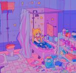  1girl backpack bag bathtub bishoujo_senshi_sailor_moon blonde_hair blue_eyes double_bun heart highres long_hair meowwniz mirror partially_submerged petals shelf shirt shower_curtain shower_head sitting slippers solo star_(symbol) toilet towel tsukino_usagi twintails 