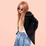  1girl blackpink blonde_hair brown_eyes cowboy_shot denim forehead heart heart-shaped_eyewear jacket jeans lips long_hair looking_at_viewer open_clothes open_jacket pants pink_background rose_(blackpink) smile solo sunglasses umigraphics 