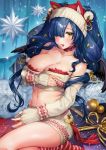  1girl animal_ears bangs bare_shoulders blue_hair blush breast_hold breasts cat_ears christmas christmas_ornaments cleavage collar demon_girl detached_sleeves eyebrows_visible_through_hair hair_between_eyes hair_over_one_eye hat large_breasts long_hair looking_at_viewer ogino_atsuki open_mouth original santa_hat succubus wings yellow_eyes 