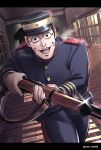  1boy :d black_eyes black_hair facepaint glint golden_kamuy gun hat highres holding holding_gun holding_weapon imperial_japanese_army indoors long_sleeves looking_at_viewer male_focus menma_kozo military military_hat military_uniform mole open_mouth rifle running smile solo twitter_username uniform usami_tokishige weapon 