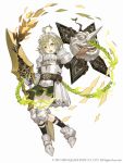  1boy :o ahoge armor armored_boots belt boots breastplate chain crossdressing faulds full_body gauntlets glaive green_eyes green_hair ji_no knee_pads long_nose looking_at_viewer maid_headdress official_art otoko_no_ko pinocchio_(sinoalice) plate_armor shield shoulder_armor sinoalice solo square_enix tongue tongue_out upper_teeth white_background 