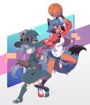  2girls abstract_background animal_ear_fluff animal_ears ball basketball blue_eyes blue_hair boots bow brand_new_animal brown_gloves bzzt_gcxll company_connection constanze_amalie_von_braunschbank-albrechtsberger crossover frown furry gloves goggles goggles_on_head hat highres holding holding_ball jacket kagemori_michiru knee_boots little_witch_academia looking_at_viewer luna_nova_school_uniform multicolored_hair multiple_girls open_clothes open_jacket open_mouth ponytail raccoon_ears raccoon_tail red_bow school_uniform shoes short_hair shorts smile sneakers stanbot_(little_witch_academia) tail track_jacket trigger_(company) two-tone_hair wand witch witch_hat 