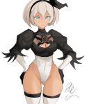  1girl bea_(pokemon) black_gloves black_hairband breasts cleavage cosplay covered_navel cowboy_shot feather-trimmed_sleeves gloves grey_eyes grey_hair hairband hands_on_hips highleg highleg_leotard highres juliet_sleeves leotard long_sleeves nier_(series) nier_automata pokemon pokemon_(game) pokemon_swsh puffy_sleeves rakeem_garcia-cueto short_hair simple_background solo thighhighs white_background white_legwear white_leotard yorha_no._2_type_b yorha_no._2_type_b_(cosplay) 