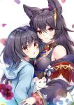  2girls =_= animal animal_ear_fluff animal_ears bangs bare_shoulders black_hair black_jacket blue_sailor_collar blue_shirt blush breasts chestnut_mouth cleavage closed_eyes closed_mouth commentary_request ear_piercing eyebrows_visible_through_hair granblue_fantasy hair_between_eyes highres jacket long_hair long_sleeves looking_at_viewer looking_to_the_side medium_breasts mouse multiple_girls nier_(granblue_fantasy) off_shoulder open_clothes open_jacket parted_lips petals piercing pilokey red_eyes sailor_collar school_uniform serafuku shirt simple_background upper_body vikala_(granblue_fantasy) white_background wide_sleeves 