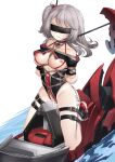  1girl absurdres arms_behind_back azur_lane bare_shoulders bdsm black_choker black_swimsuit blindfold bondage bound breasts character_name choker grey_hair guangmi highres iron_cross long_hair looking_at_viewer mechanical_animal medium_breasts nipples one-piece_swimsuit pussy_juice restrained rope shibari shibari_over_clothes simple_background swimsuit thigh_strap tied_up u-410_(azur_lane) water white_background wooden_horse 