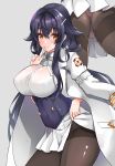  1girl ass azuma_(azur_lane) azur_lane black_legwear bra_through_clothes breasts coat coat_on_shoulders covered_navel eyebrows_visible_through_hair finger_to_mouth hair_between_eyes highres huge_breasts long_hair miniskirt mtu_virus panties panties_under_pantyhose pantyhose pink_panties pleated_skirt purple_hair sezoku simple_background skin_tight skirt skirt_lift smile solo thighs underwear very_long_hair white_coat white_skirt yellow_eyes 