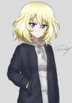  1girl artist_name bangs black_jacket blonde_hair blue_eyes bukkuri casual closed_mouth commentary_request dated drawstring eyebrows_visible_through_hair girls_und_panzer grey_shirt hand_in_hair highres hood hood_down hoodie jacket long_sleeves looking_at_viewer medium_hair messy_hair open_clothes open_jacket oshida_(girls_und_panzer) partial_commentary shirt signature simple_background smile solo standing zipper 