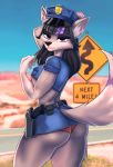  2020 anthro aozee belt black_hair blue_clothing blue_uniform bottomwear breasts butt canid canine clothed clothing desert digital_media_(artwork) female fox foxy_caine fur grey_body grey_fur gun hair handgun hat headgear headwear holster holstered_pistol lingerie long_hair looking_at_viewer looking_back mammal midriff miniskirt panties pinup pistol police_hat police_officer police_uniform pose ranged_weapon rear_view red_clothing red_panties red_underwear road road_sign seductive skirt smile solo under_boob underwear uniform weapon 