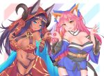  2girls absurdres animal_ear_fluff animal_ears aqua_eyes bare_shoulders blue_kimono blue_legwear blue_ribbon breasts bridal_gauntlets circlet cleavage collarbone dark_skin dark_skinned_female detached_sleeves ears_through_headwear egyptian_clothes eyebrows_visible_through_hair eyeliner fate/extella fate/extra fate/extra_ccc fate/grand_order fate_(series) forehead_jewel fox_ears fox_girl fox_shadow_puppet fox_tail gem groin hair_ribbon head_chain heart heart_hands heart_hands_duo highres huge_filesize jackal_ears japanese_clothes jifuwabe kimono large_breasts long_hair looking_at_viewer makeup multiple_girls open_mouth pink_hair purple_hair queen_of_sheba_(fate/grand_order) ribbon tail tamamo_(fate)_(all) tamamo_no_mae_(fate) thighs yellow_eyes 