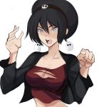  1girl avatar:_the_last_airbender avatar_(series) black_hair black_shirt blind breasts cleavage earrings ghost hair_between_eyes highres jewelry midriff open_mouth pointing pointing_at_viewer rakeem_garcia-cueto red_shirt shirt simple_background solo toph_bei_fong torn_clothes torn_shirt upper_body white_background 